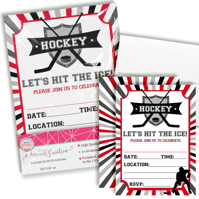 Amanda Creation Hockey Birthday Party Invitations for Boys, 20 5x7 Fill In Cards with Twenty White Envelopes by AmandaCreation - Image 1